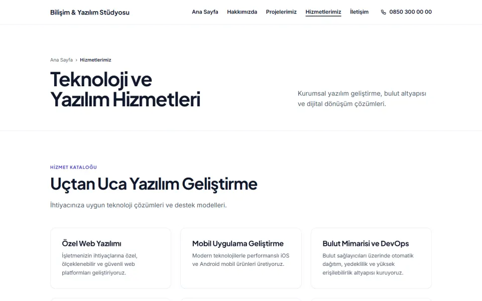 Bilişim & Yazılım Stüdyosu şablonu, Hizmetlerimiz sayfası