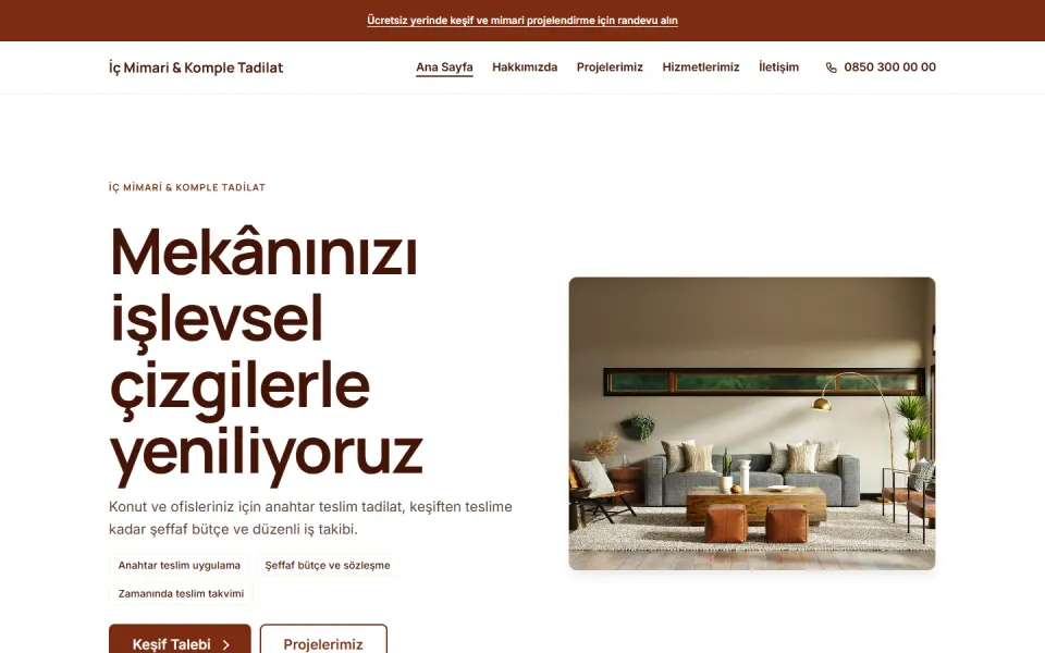 İç Mimari & Komple Tadilat şablonu, Ana Sayfa sayfası