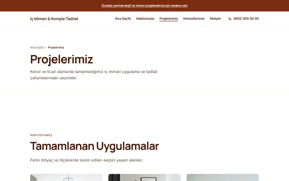 İç Mimari & Komple Tadilat şablonu, Projelerimiz sayfası