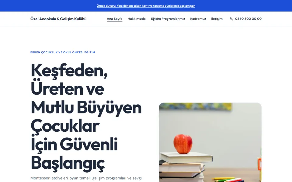 Özel Anaokulu & Gelişim Kulübü şablonu, Ana Sayfa sayfası