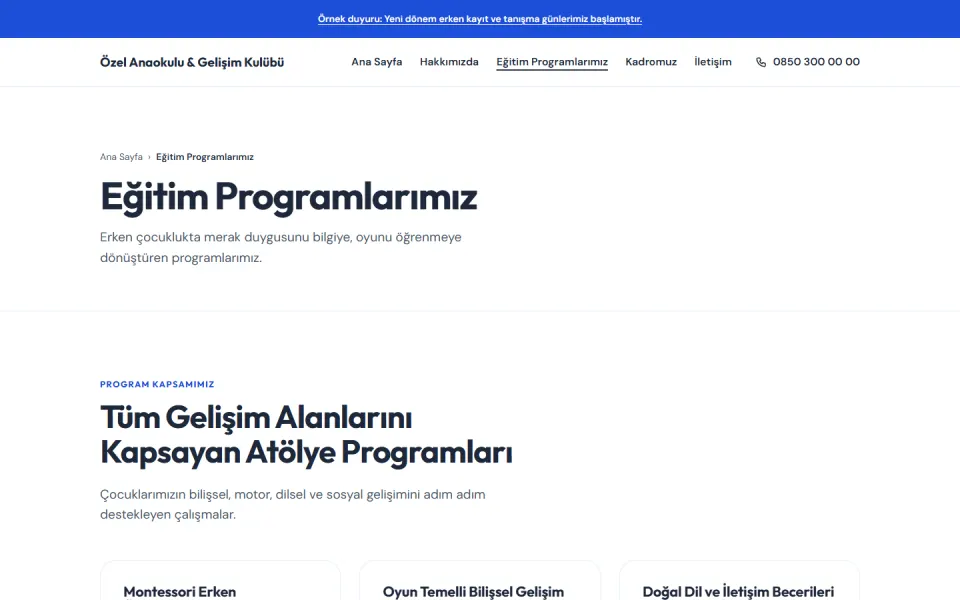 Özel Anaokulu & Gelişim Kulübü şablonu, Eğitim Programlarımız sayfası