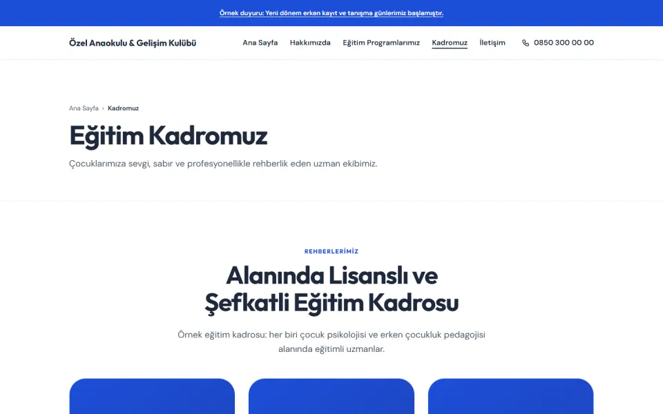 Özel Anaokulu & Gelişim Kulübü şablonu, Kadromuz sayfası