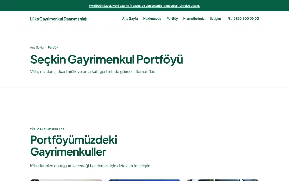 Lüks Gayrimenkul Danışmanlığı şablonu, Portföy sayfası