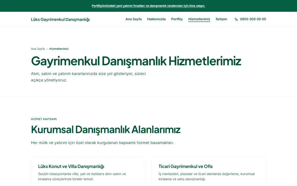 Lüks Gayrimenkul Danışmanlığı şablonu, Hizmetlerimiz sayfası