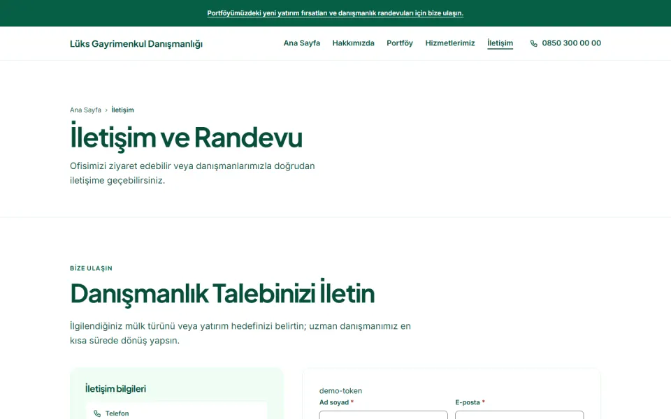 Lüks Gayrimenkul Danışmanlığı şablonu, İletişim sayfası