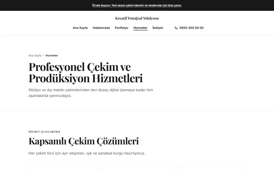 Kreatif Fotoğraf Stüdyosu şablonu, Hizmetler sayfası