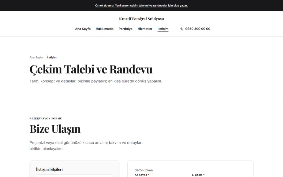 Kreatif Fotoğraf Stüdyosu şablonu, İletişim sayfası
