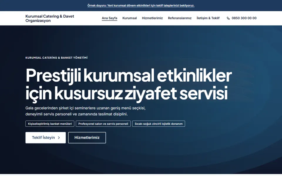 Kurumsal Catering & Davet Organizasyon şablonu, Ana Sayfa sayfası