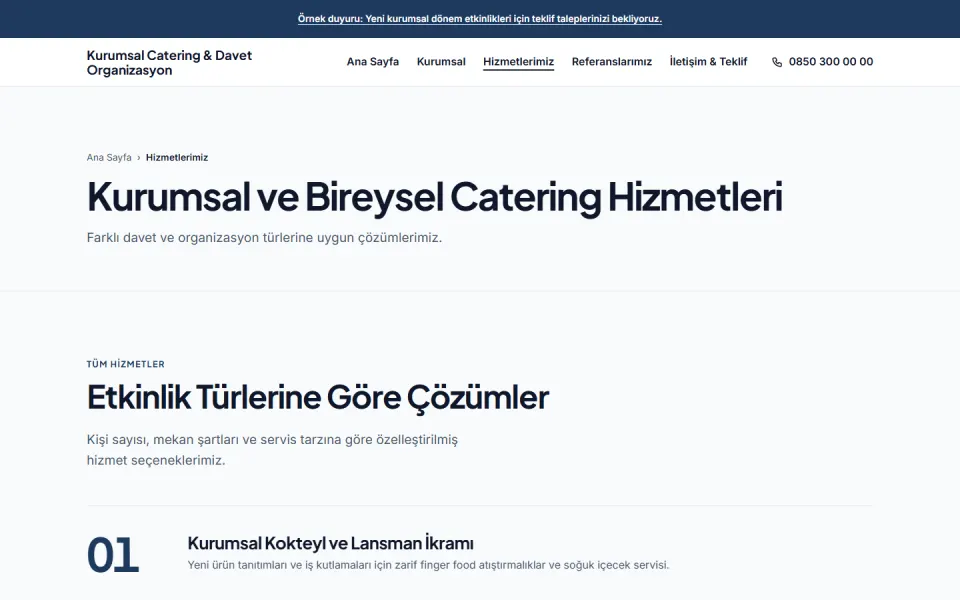 Kurumsal Catering & Davet Organizasyon şablonu, Hizmetlerimiz sayfası