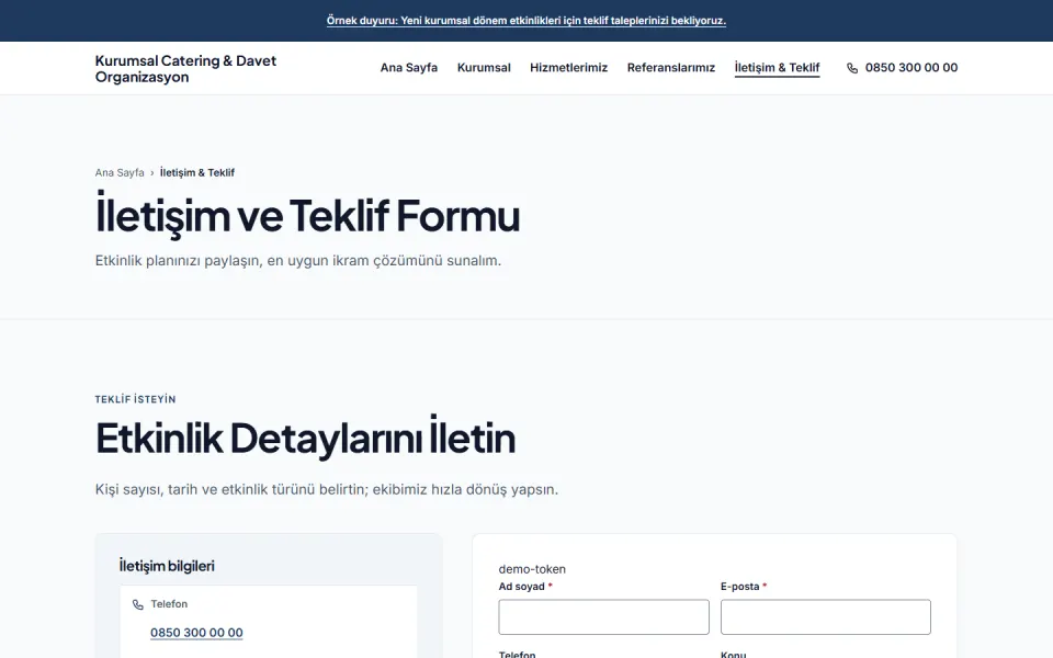 Kurumsal Catering & Davet Organizasyon şablonu, İletişim & Teklif sayfası