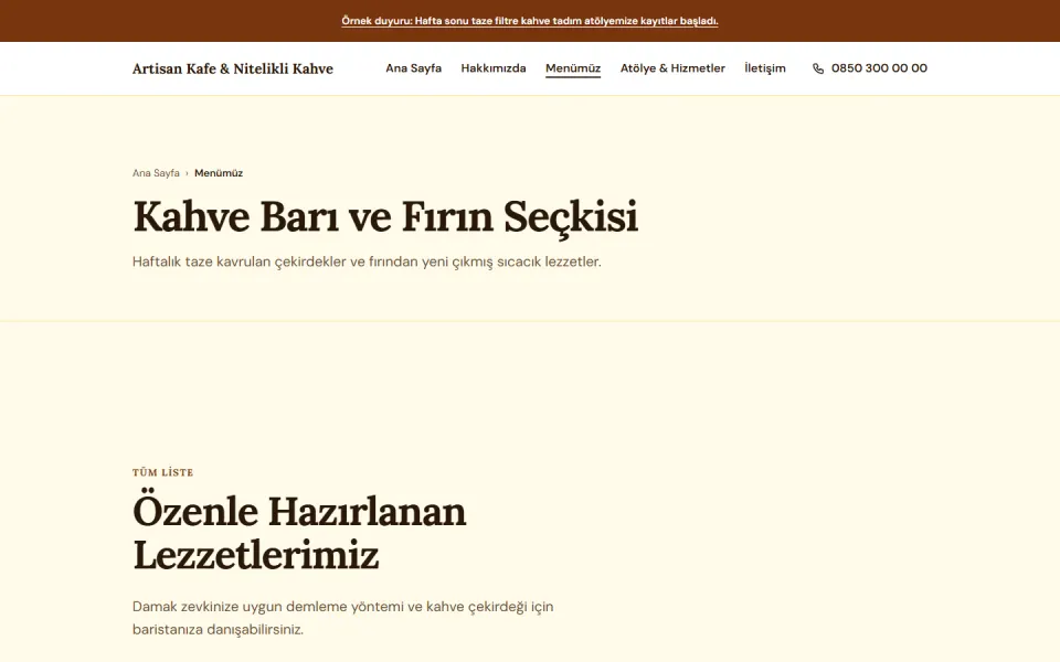 Artisan Kafe & Nitelikli Kahve şablonu, Menümüz sayfası