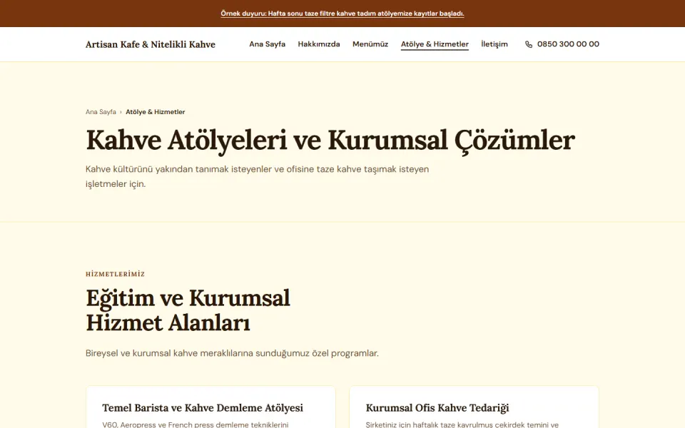 Artisan Kafe & Nitelikli Kahve şablonu, Atölye & Hizmetler sayfası