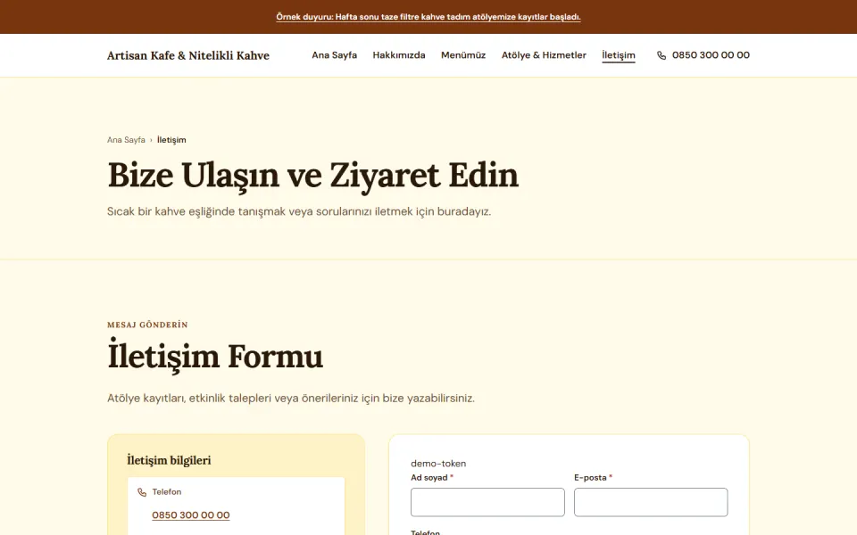 Artisan Kafe & Nitelikli Kahve şablonu, İletişim sayfası