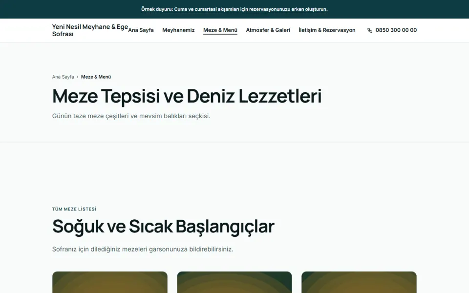 Yeni Nesil Meyhane & Ege Sofrası şablonu, Meze & Menü sayfası