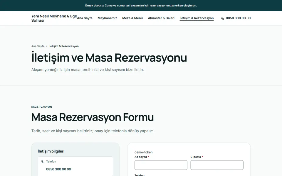 Yeni Nesil Meyhane & Ege Sofrası şablonu, İletişim & Rezervasyon sayfası