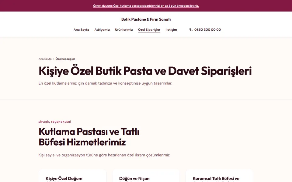 Butik Pastane & Fırın Sanatı şablonu, Özel Siparişler sayfası