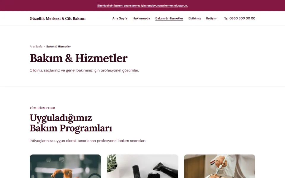 Güzellik Merkezi & Cilt Bakımı şablonu, Bakım & Hizmetler sayfası