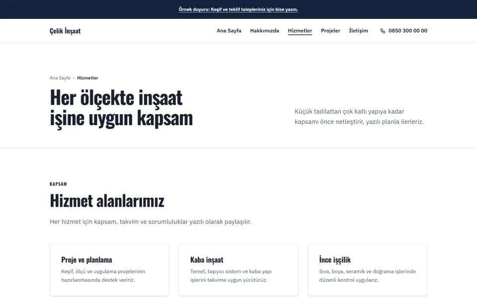 Çelik İnşaat şablonu, Hizmetler sayfası