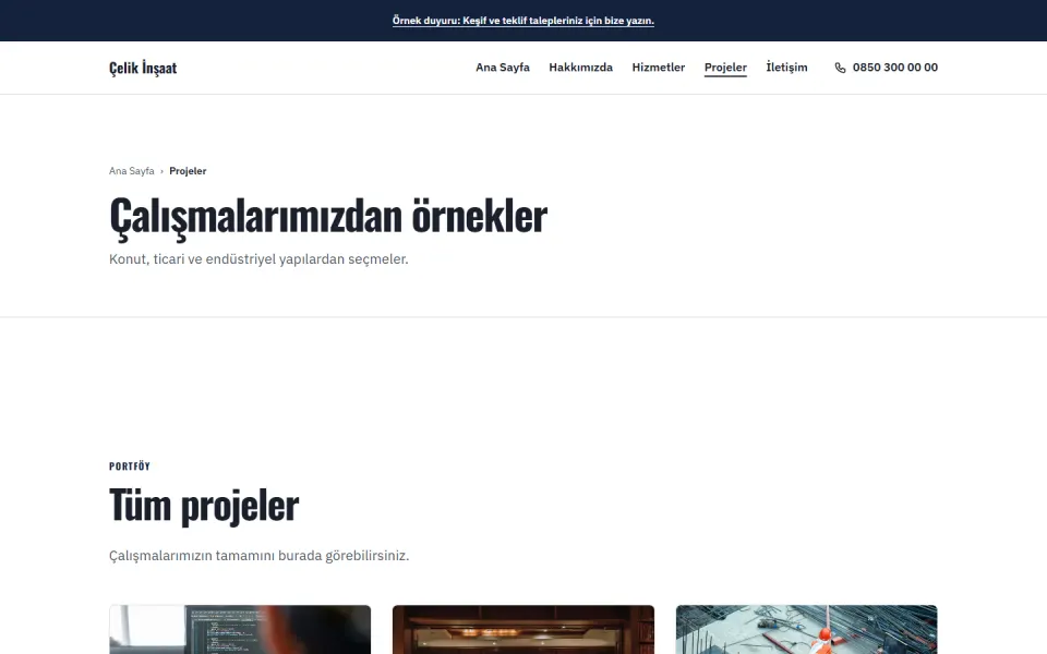Çelik İnşaat şablonu, Projeler sayfası