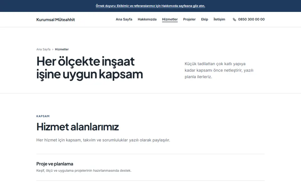 Kurumsal Müteahhit şablonu, Hizmetler sayfası