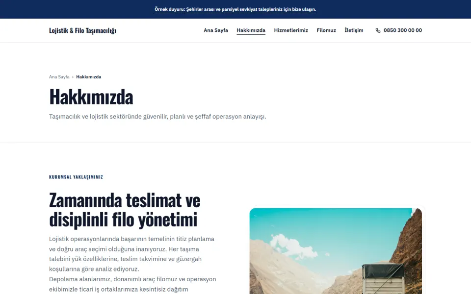 Lojistik & Filo Taşımacılığı şablonu, Hakkımızda sayfası
