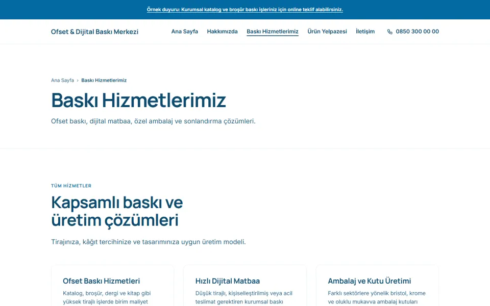 Ofset & Dijital Baskı Merkezi şablonu, Baskı Hizmetlerimiz sayfası