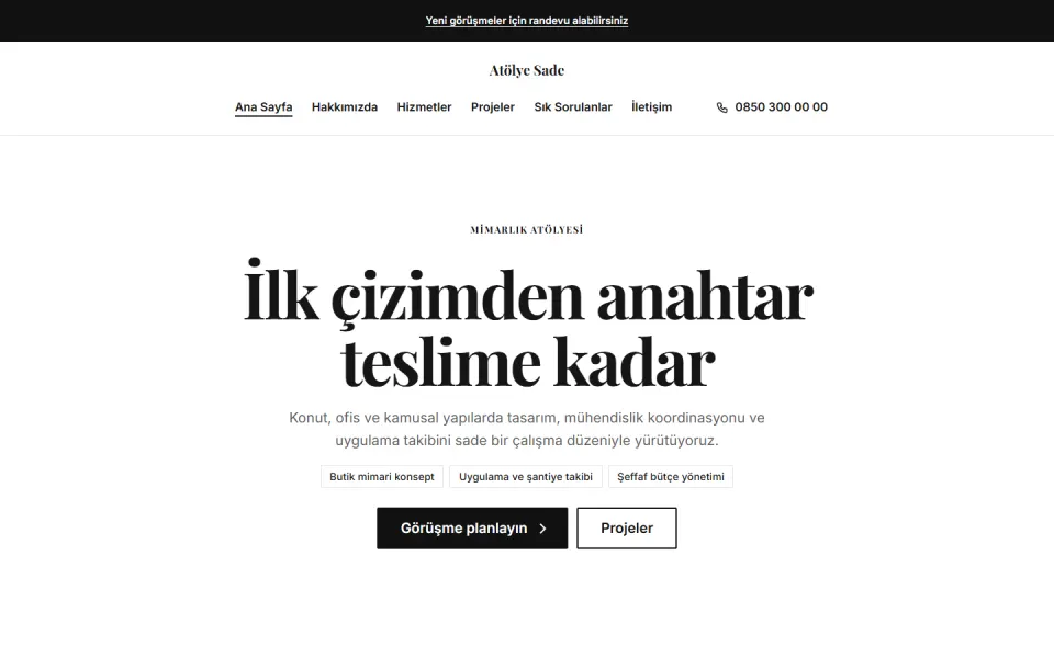 Atölye Sade şablonu, Ana Sayfa sayfası