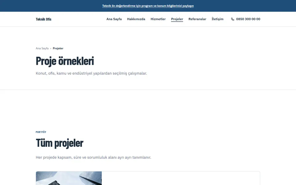 Teknik Ofis şablonu, Projeler sayfası