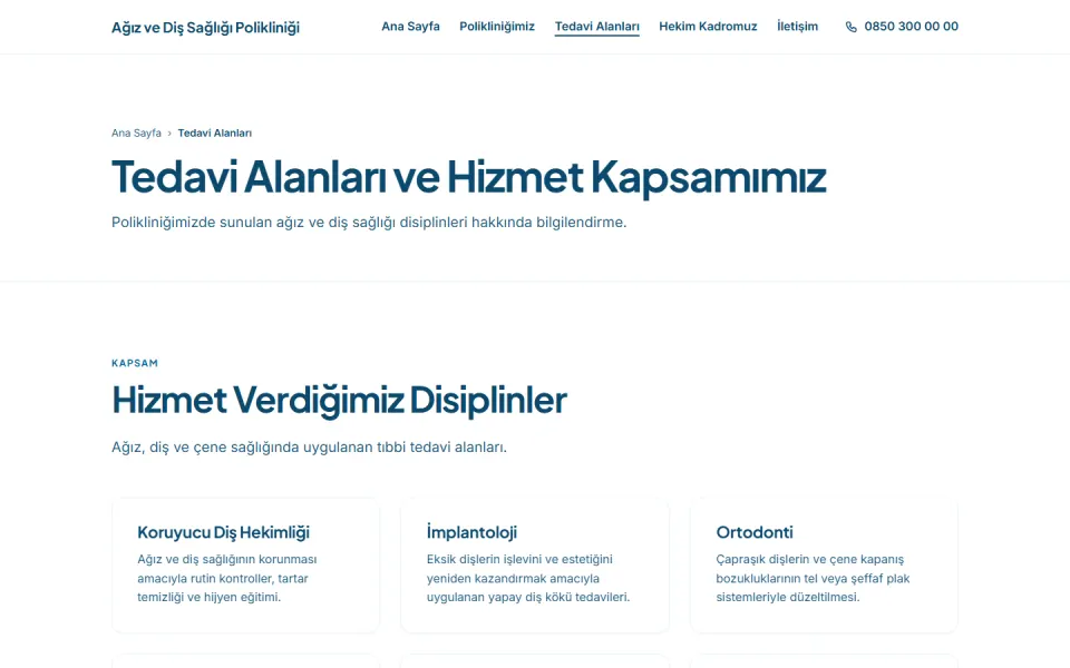 Ağız ve Diş Sağlığı Polikliniği şablonu, Tedavi Alanları sayfası