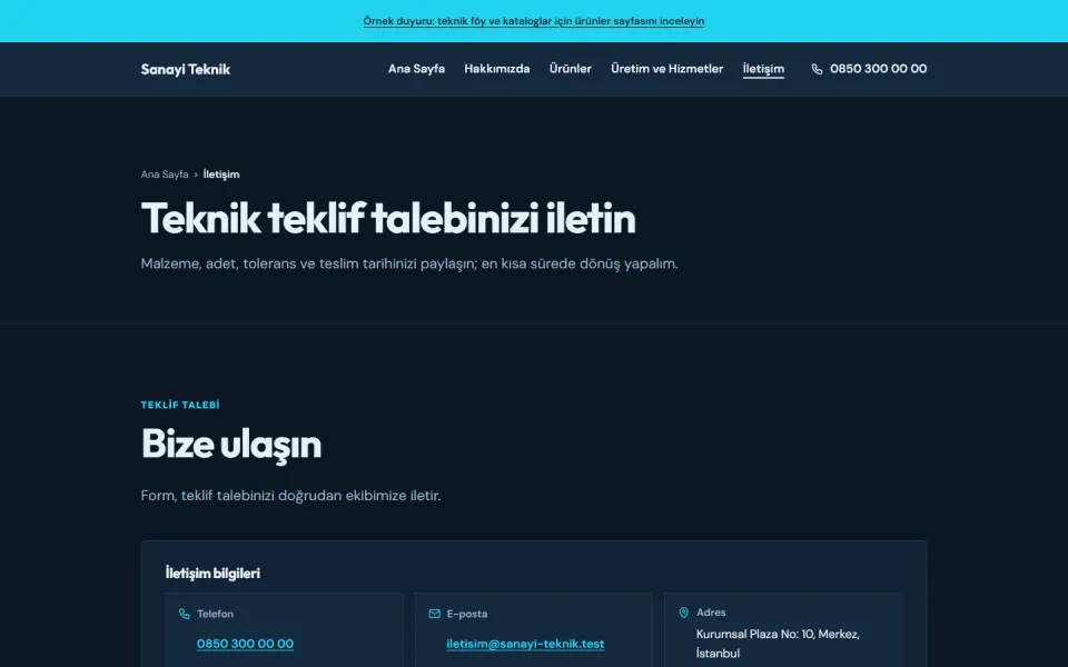 Sanayi Teknik şablonu, İletişim sayfası