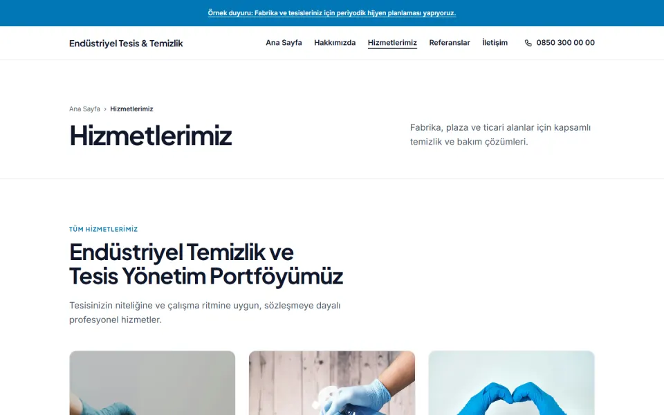 Endüstriyel Tesis & Temizlik şablonu, Hizmetlerimiz sayfası