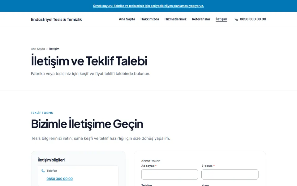 Endüstriyel Tesis & Temizlik şablonu, İletişim sayfası