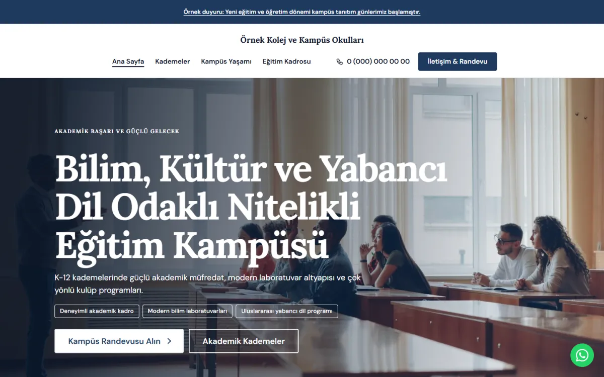 Özel Kolej & Kampüs Okulları şablonunun ekran görüntüsü