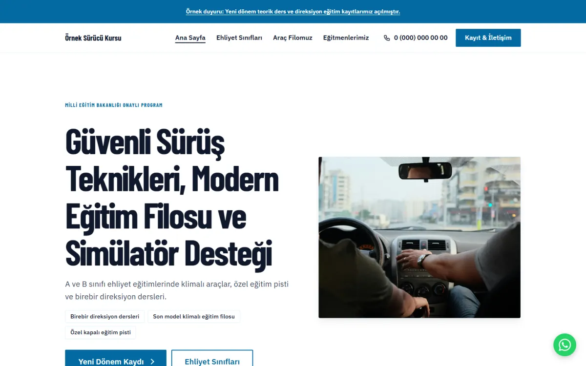 Sürücü Kursu & Güvenli Sürüş Akademisi şablonunun ekran görüntüsü