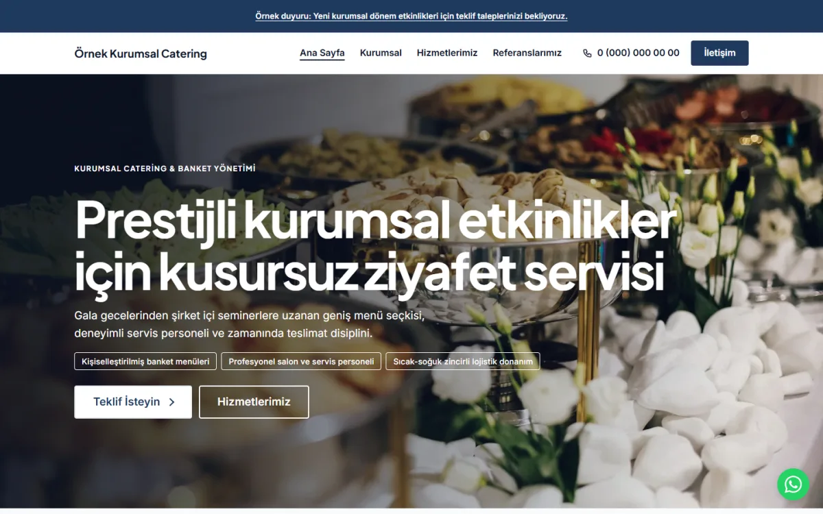 Kurumsal Catering & Davet Organizasyon şablonunun ana sayfasının ekran görüntüsü