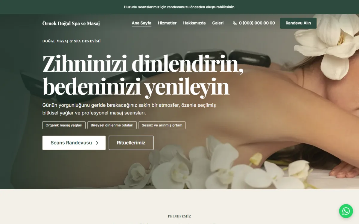 Doğal Spa & Holistik Masaj şablonunun ana sayfasının ekran görüntüsü