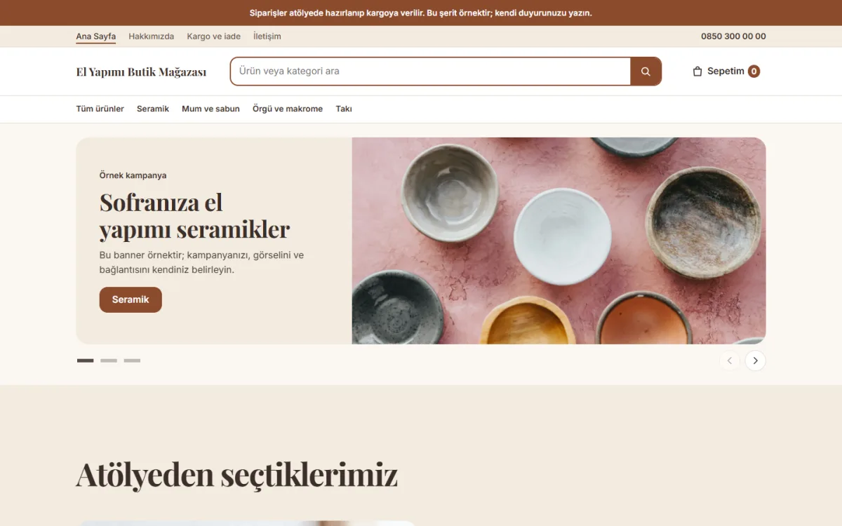 El Yapımı Butik Mağazası şablonunun ana sayfasının ekran görüntüsü