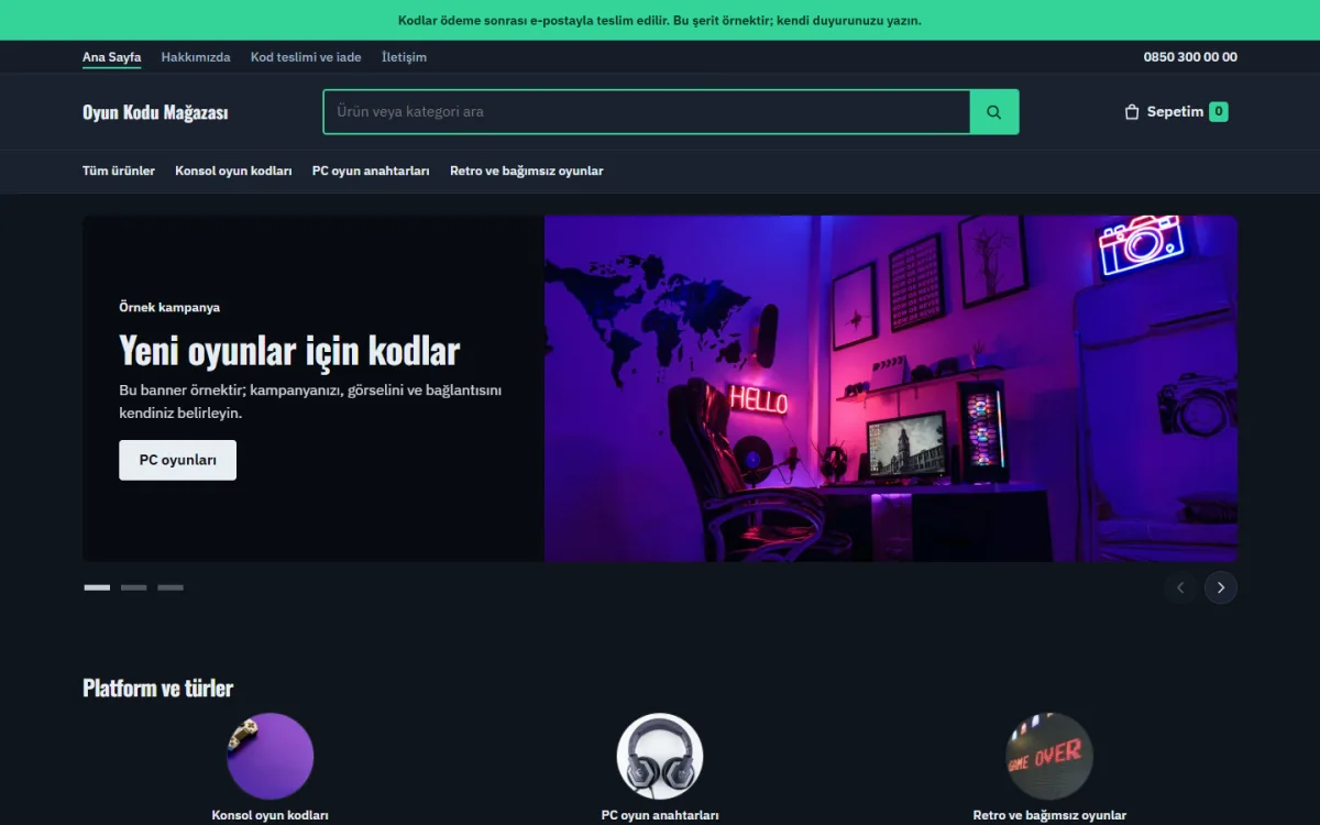 Oyun Kodu Mağazası şablonunun ana sayfasının ekran görüntüsü