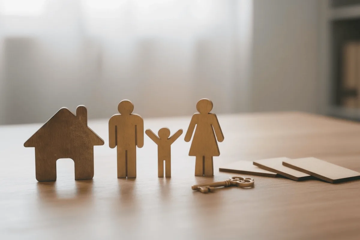 Ailelerin oturduğu sade bir çalışma masası üzerinde belgeler ve aile figürleri