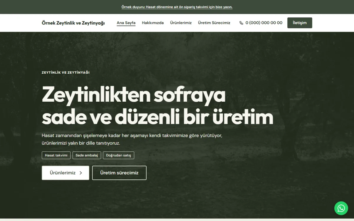 Zeytinlik ve Zeytinyağı Üretimi şablonunun ana sayfasının ekran görüntüsü