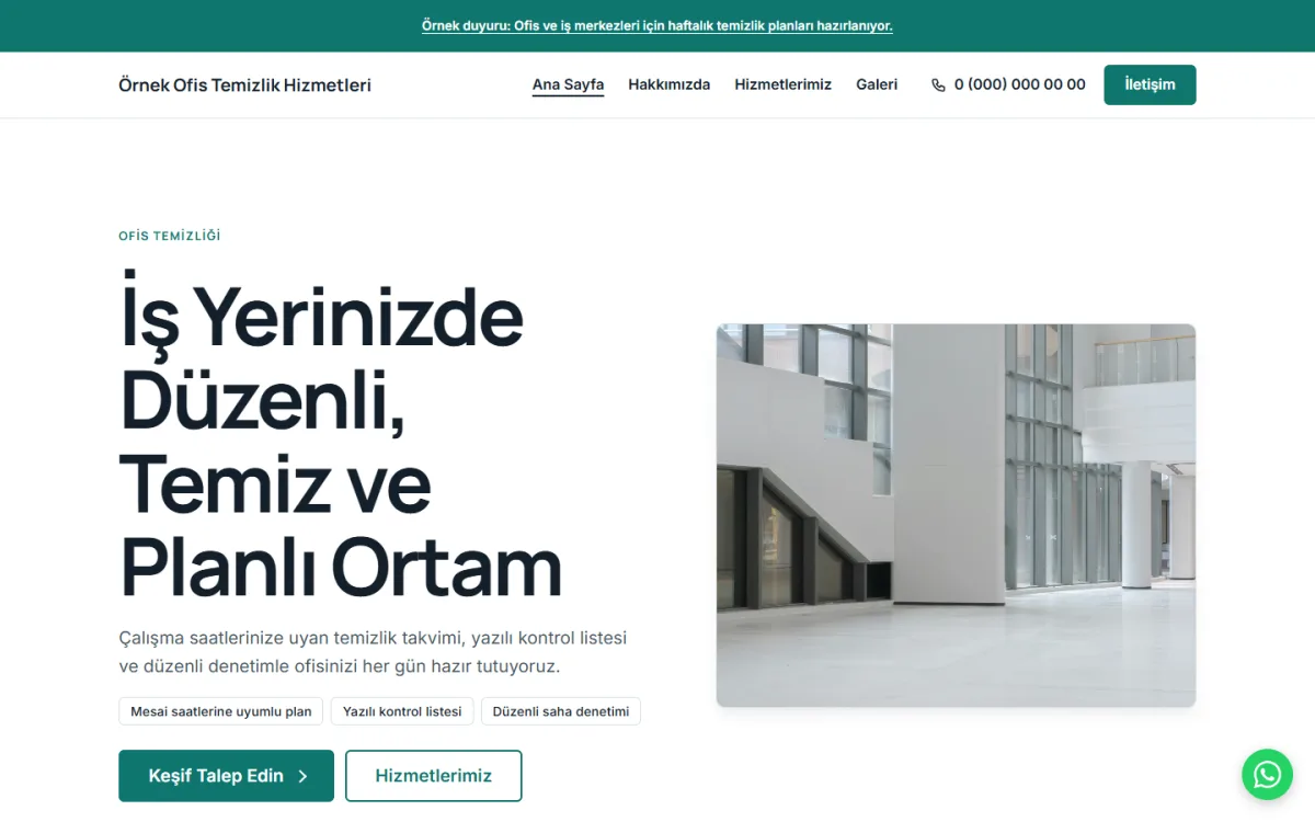Ofis ve İş Yeri Temizliği şablonunun ana sayfasının ekran görüntüsü